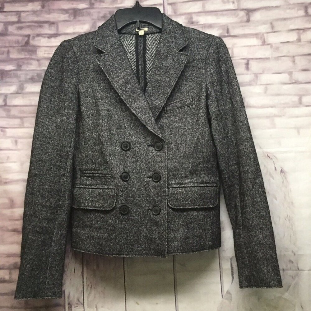 J CREW Black Grey Blazer 2 Tweed Wool Blend Buttons Raw Hem